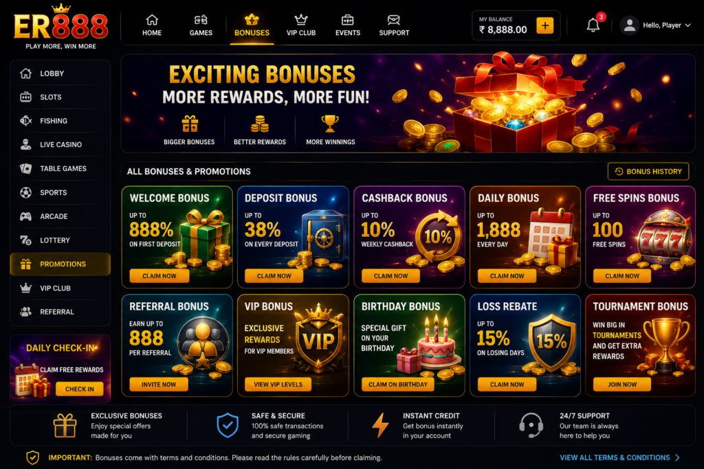 ER888 bonus and referral rewards page